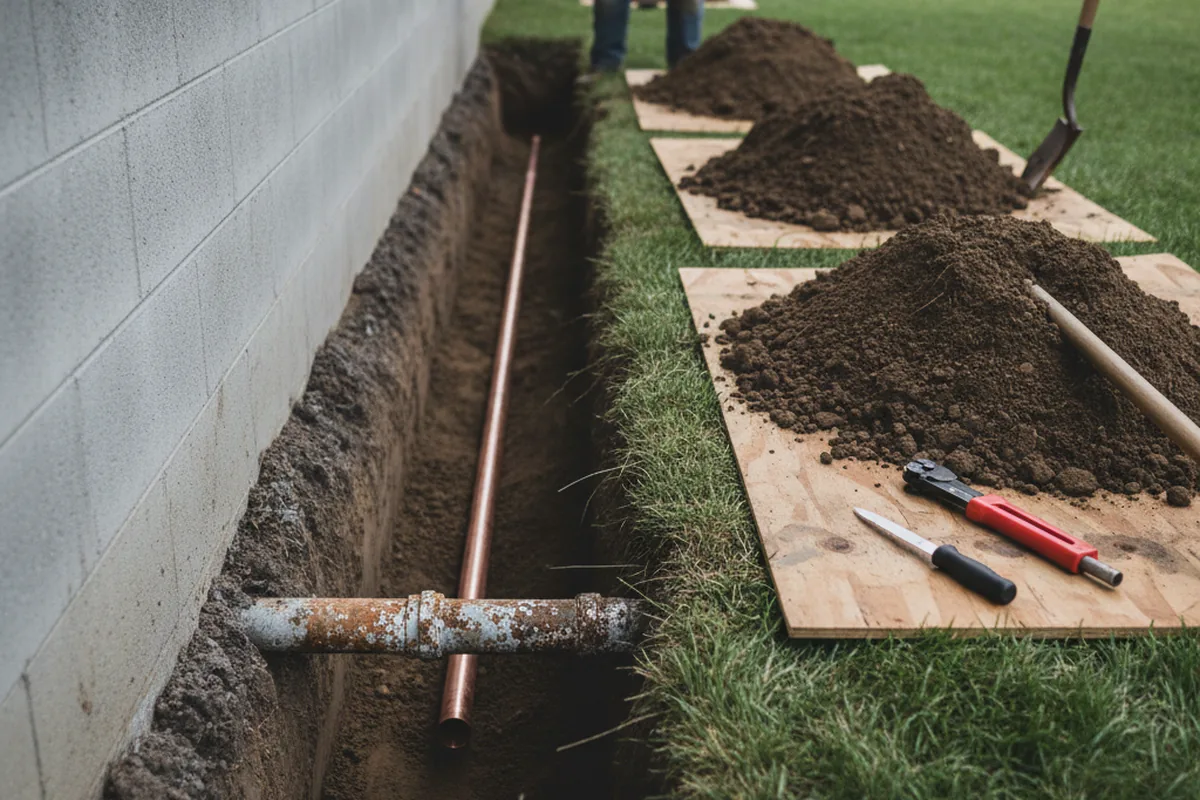 Excavated water line trench during Water Heater Repair in Taftville